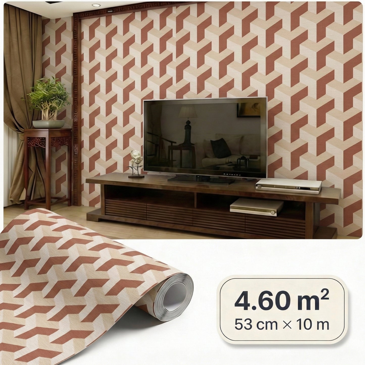Tapiz Para Pared Diseño Geométrico 3D Marrón Rojo (78150-3)