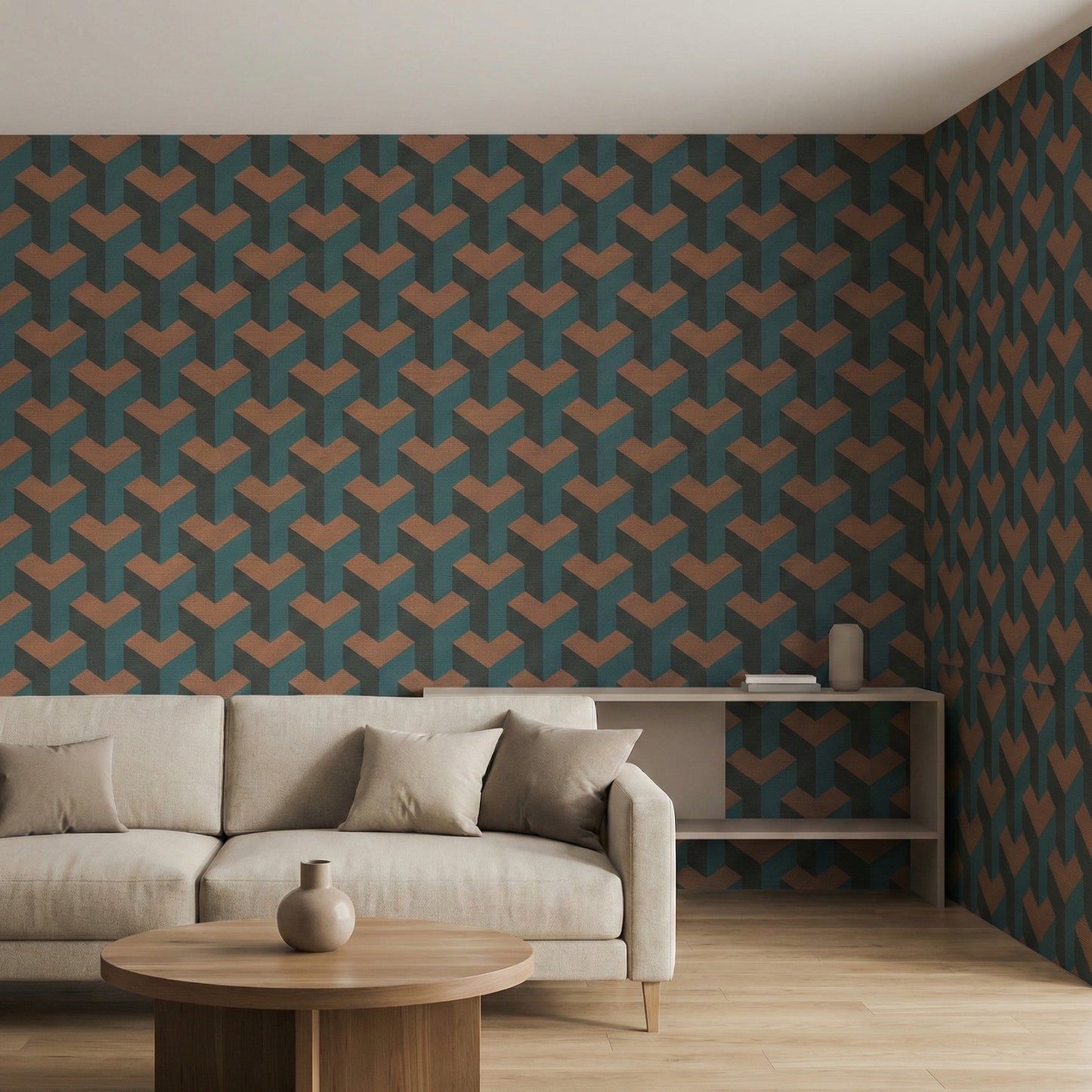 Tapiz Para Pared Diseño Geométrico 3D Verde Naranja (78150-2)