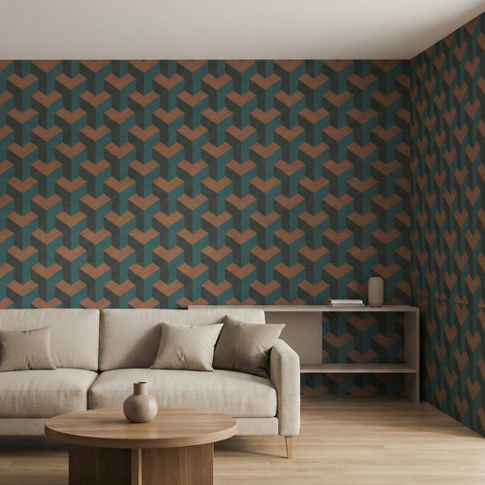 Tapiz Para Pared Diseño Geométrico 3D Verde Naranja (78150-2)