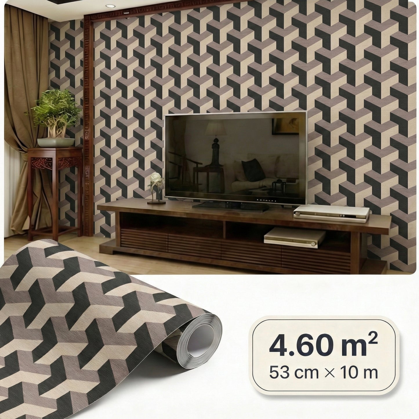 Tapiz Para Pared Diseño Geométrico 3D Beige Negro (78150-1)