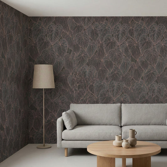 Tapiz Para Pared Diseño Hojas Negro Gris (78128-2)