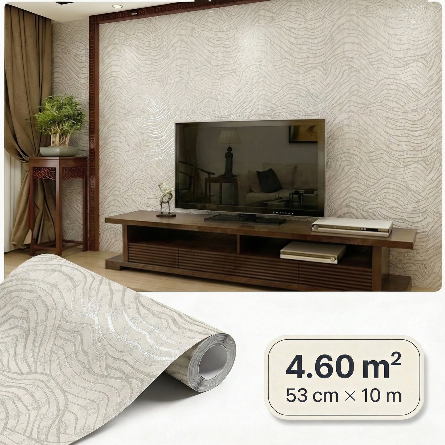 Tapiz Para Pared Paisaje Oriental Ondas Blanco Crema y Plata [SKU 395072]