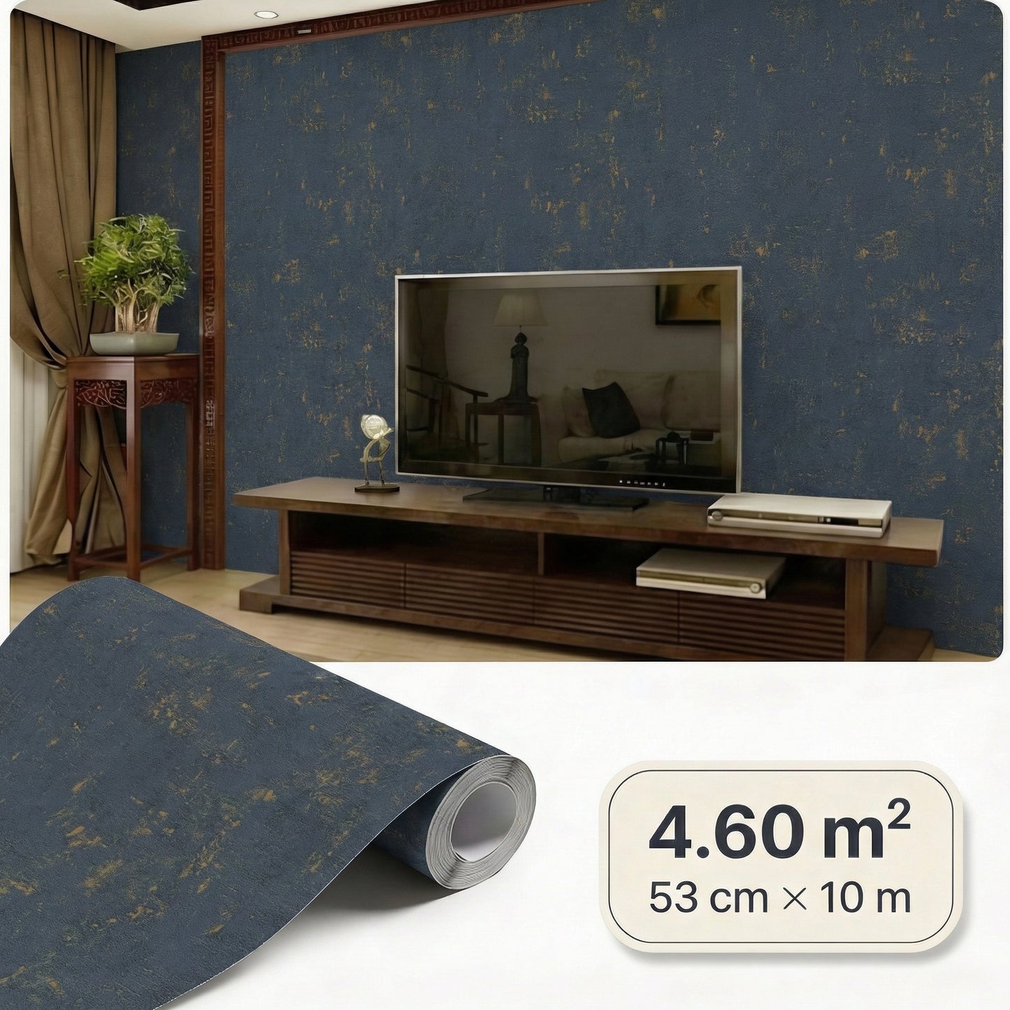 Tapiz Para Pared Azul Petróleo Efecto Hormigón y Cobre [SKU 395139]