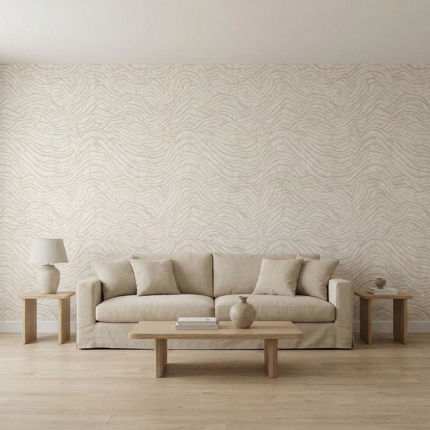Tapiz Para Pared Paisaje Oriental Ondas Blanco Crema y Plata [SKU 395072]