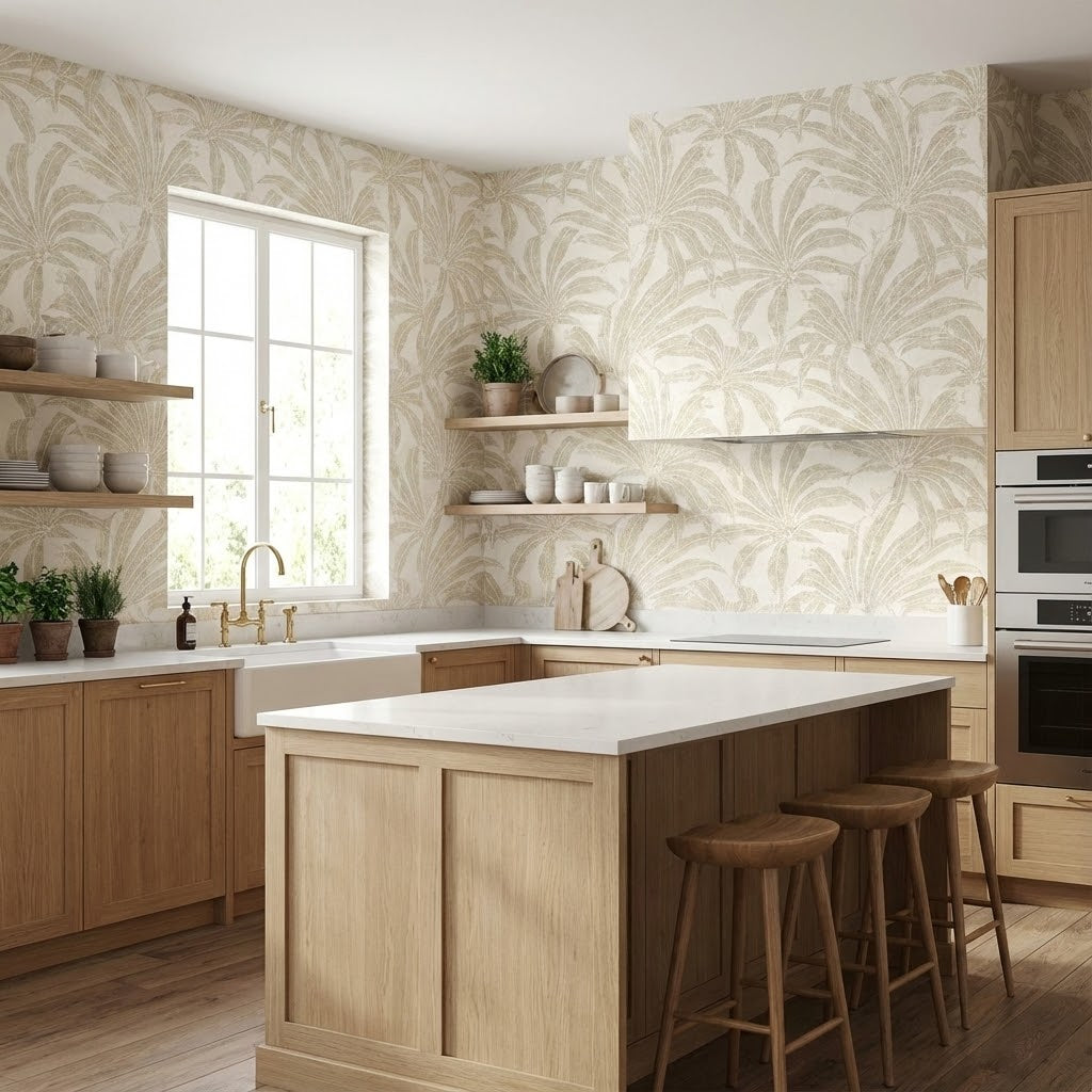 Tapiz Para Pared Hojas Tropicales Crema y Oro [SKU 395015]